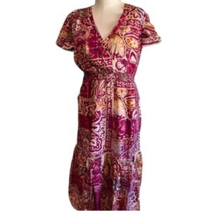 Indigo Thread Co Boho Maxi Dress Burgundy Paisley Print Flutter‎ Sleeve XL NWOT